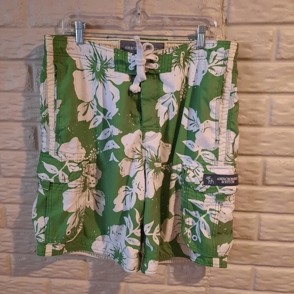 Vtg Abercrombie & Fitch Swim Trunks Mens 36? Green Hawaiian‎ Y2K Cargo Lined
